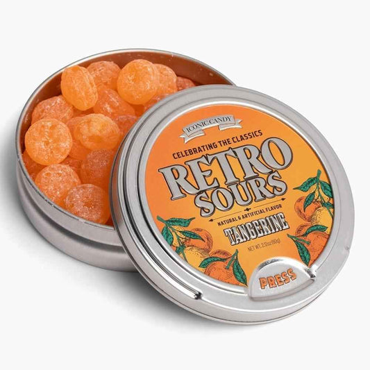 Iconic Candy Retro Sours Hard Tangy Candy Tin – Vintage Holiday Stocking Stuffer, Tangerine Flavored Novelty Gift