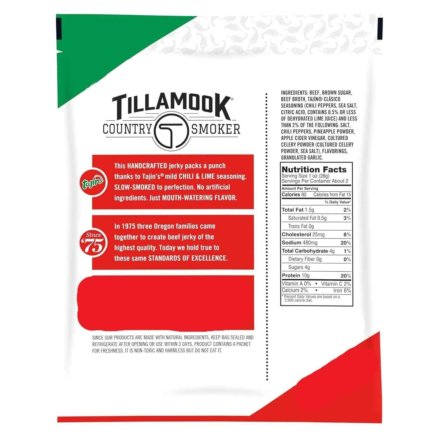 Tillamook Beef Jerky Tajin Chili Lime – Soft Texture High Protein Lunchbox Add On for Kids and Parents, 2.2 oz Pouch