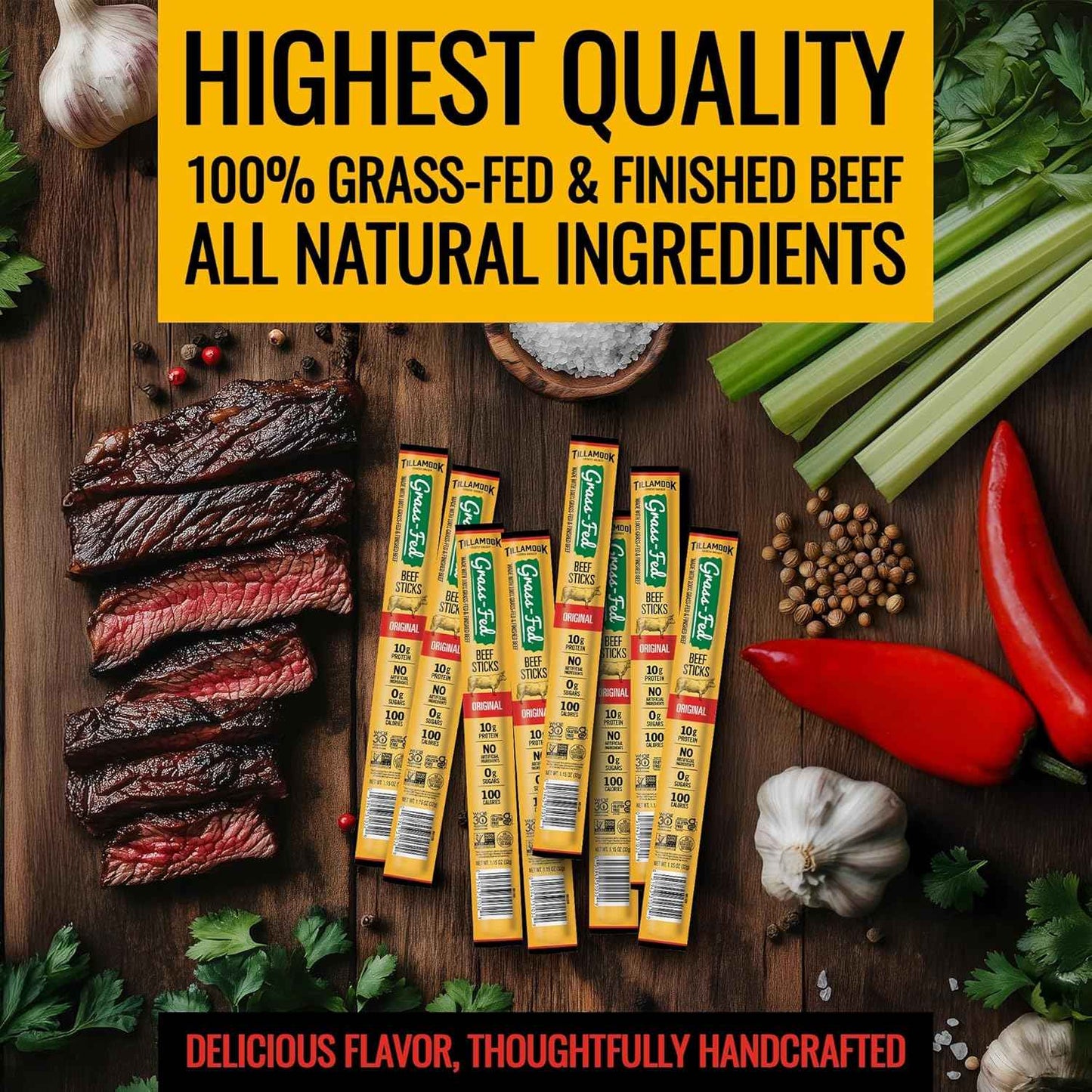 Tillamook Country Smoker Grass Fed Beef Sticks – Office Desk Protein to Power Through Afternoon Work, Zero Sugar