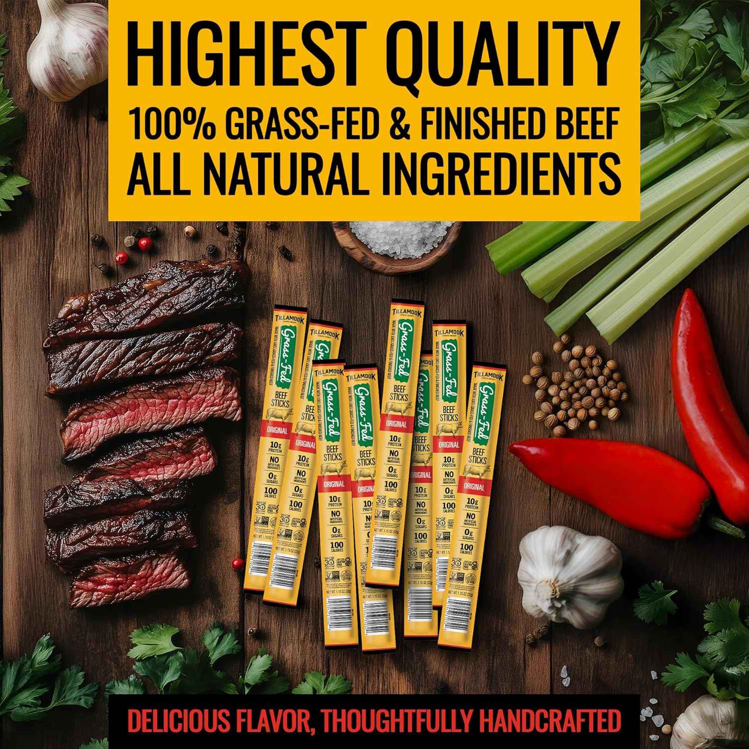 Tillamook Country Smoker Grass Fed Beef Sticks – Office Desk Protein to Power Through Afternoon Work, Zero Sugar