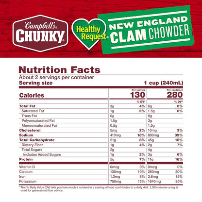 Campbell's Chunky Soup Healthy Request Clam Chowder 18.8 oz Can – Shelf-Stable Trail Meal for Campsites and Picnics, Ready in Minutes