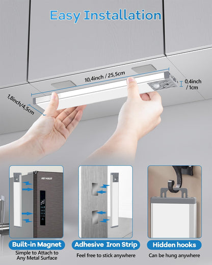 HIBOITEC Slim Motion Bar Light – Minimalist Under-Cabinet Lighting, Brushed Aluminum Rechargeable LED 2-Pack