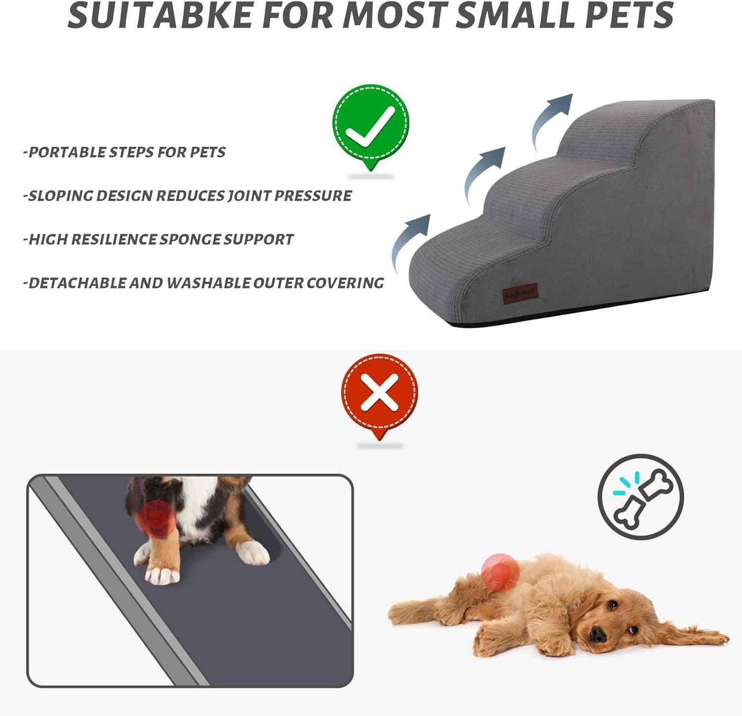 Aodisman Foam Pet Stairs – Non-Slip Steps for Senior Dogs and Cats, Joint-Safe Sofa Access