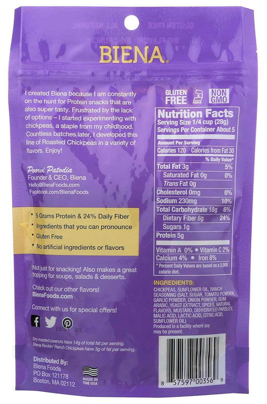 BIENA Chickpea Snacks - Crunchy Roasted Chickpeas - High Protein Desk Snack for Home Office and Focused Workdays - 5 Ounce Pack - Rockin' Ranch