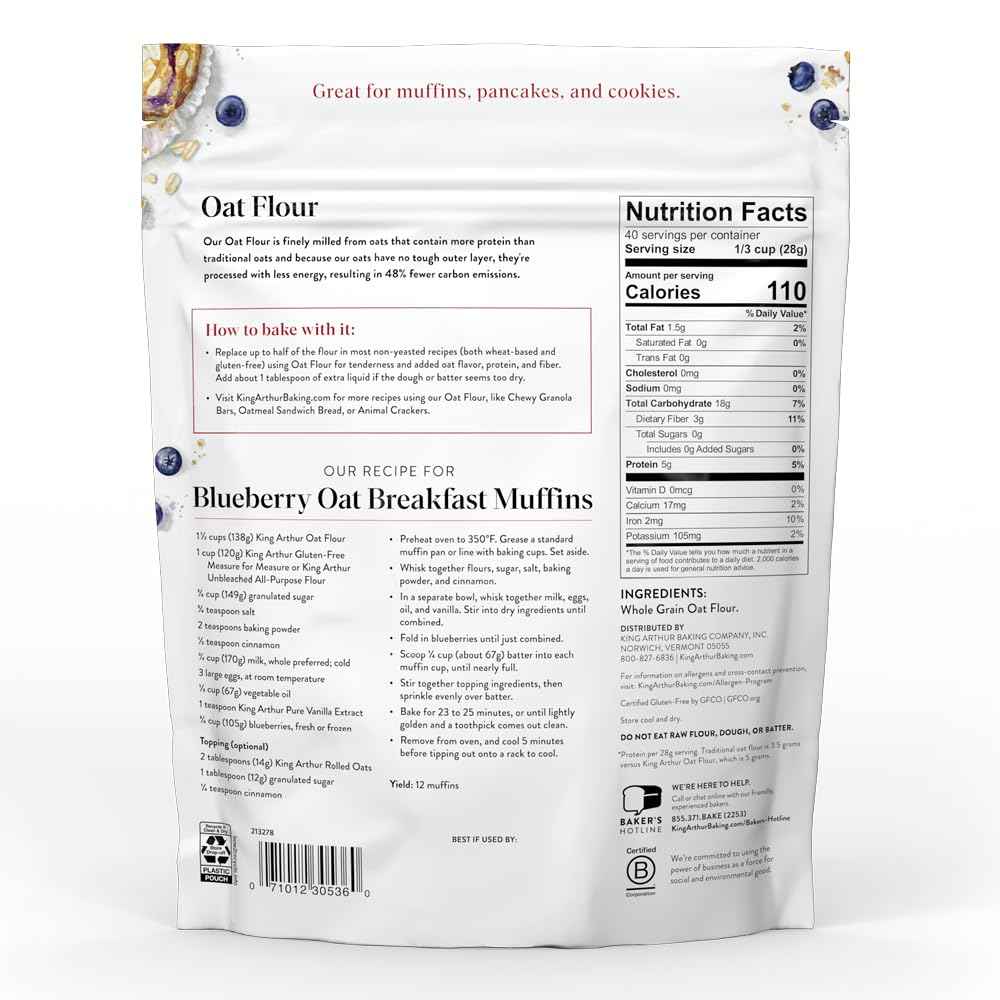 King Arthur Baking Company Gluten-Free Whole Grain Oat Flour 2.5 lbs – Nourishing Gluten-Free Baking for Sensitive Home Bakers