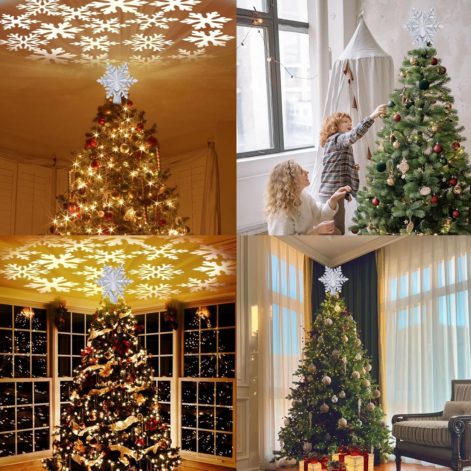 HOLIDAY MAGIC Glitter Lighted Tree Topper – Cozy Holiday Aesthetic for Family Room and Front Window Display