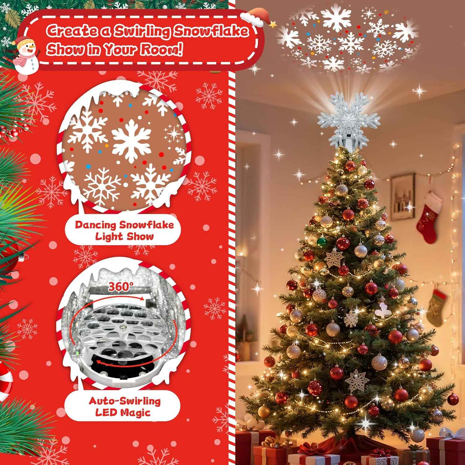 [Brand Name] 3D Glitter Snowflake Tree Topper – Cozy Bedroom Holiday Aesthetic with Rotating Wall and Ceiling Projection