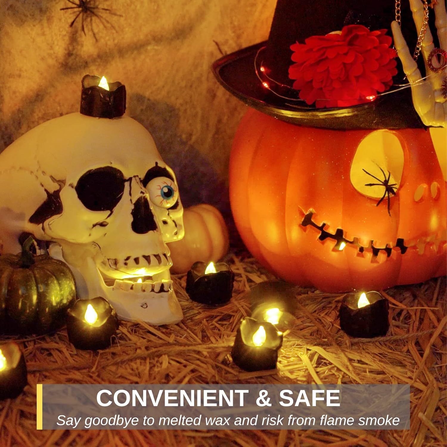Homemory Flameless LED Tea Lights – Black Drip Halloween Candles Safe for Kids' Playrooms, Daycare & Trick-or-Treat Stations