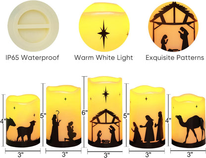 Homemory Nativity Scene Pillar Candles - Living Room Mantel Centerpiece Decor for Cozy Christmas Aesthetic, 5 Flameless LED Set