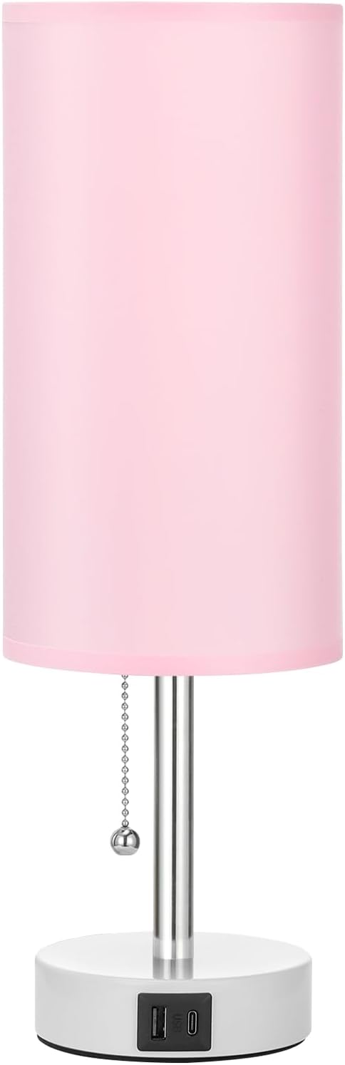 Hong-in Pink Metal Shade Bedside Lamp – Cozy Bedroom Accent Light with White Base, 3 Color Temperatures for Layered Ambiance