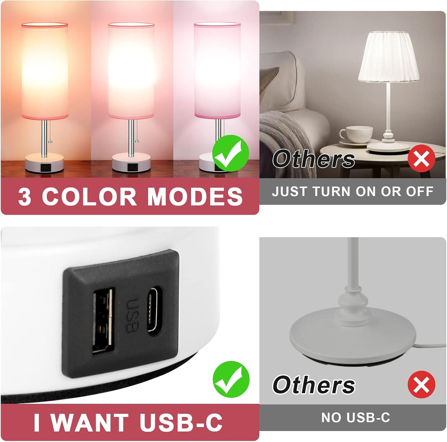 Hong-in Pink Metal Shade Bedside Lamp – Cozy Bedroom Accent Light with White Base, 3 Color Temperatures for Layered Ambiance