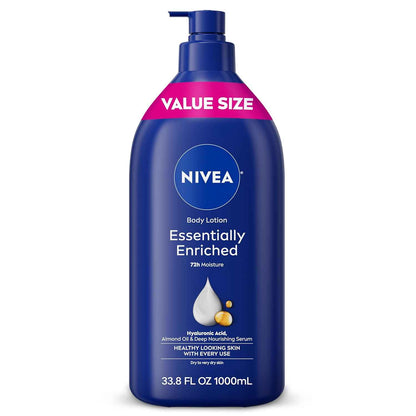 NIVEA Essentially Enriched Body Lotion for Very Dry Skin, Clean 33.8 Fl Oz Pump Bottle for a Clutter-Free Bathroom Counter, 72-Hour Hydration