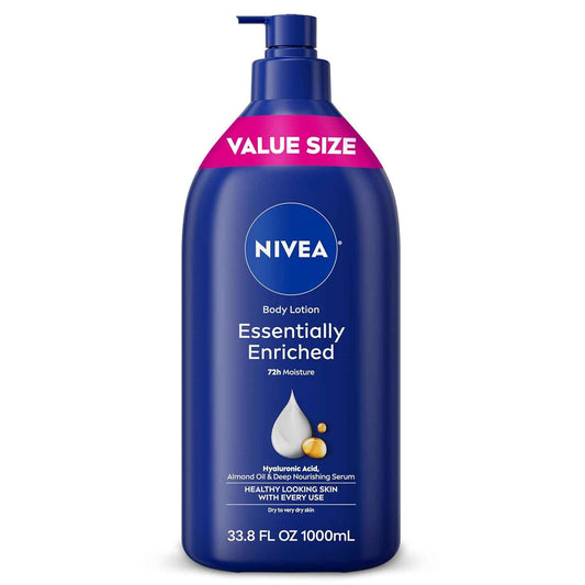 NIVEA Essentially Enriched Body Lotion for Very Dry Skin, Clean 33.8 Fl Oz Pump Bottle for a Clutter-Free Bathroom Counter, 72-Hour Hydration