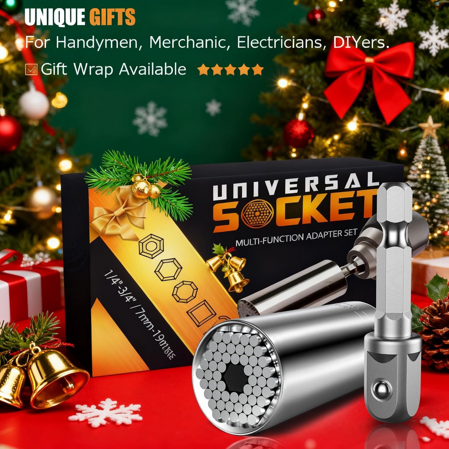 included 1/4" power drill adapter for use with electric drills, screwdrivers, and manual ratchets