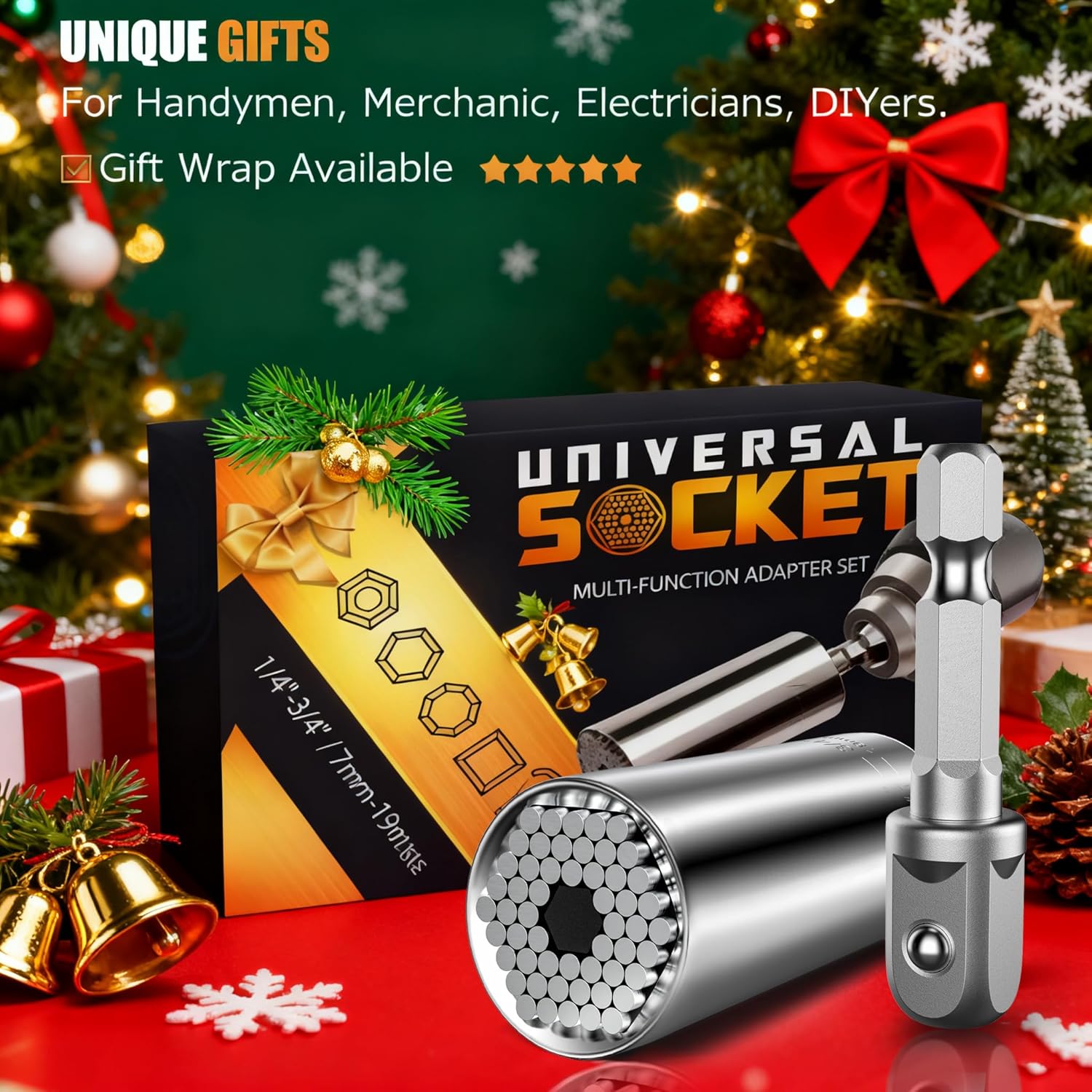 included 1/4" power drill adapter for use with electric drills, screwdrivers, and manual ratchets