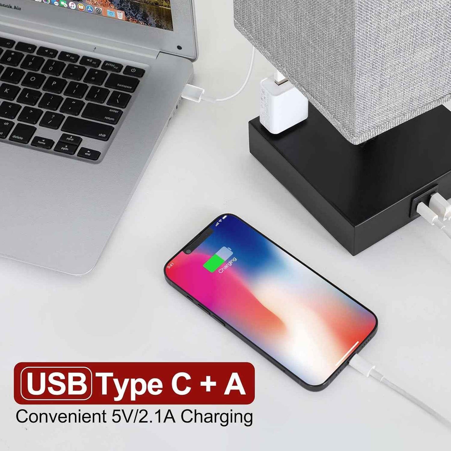 Soilsiu Fabric Shade Bedside Lamp with USB-C and AC Outlets, Stylish Nightstand Light for Modern Living Rooms