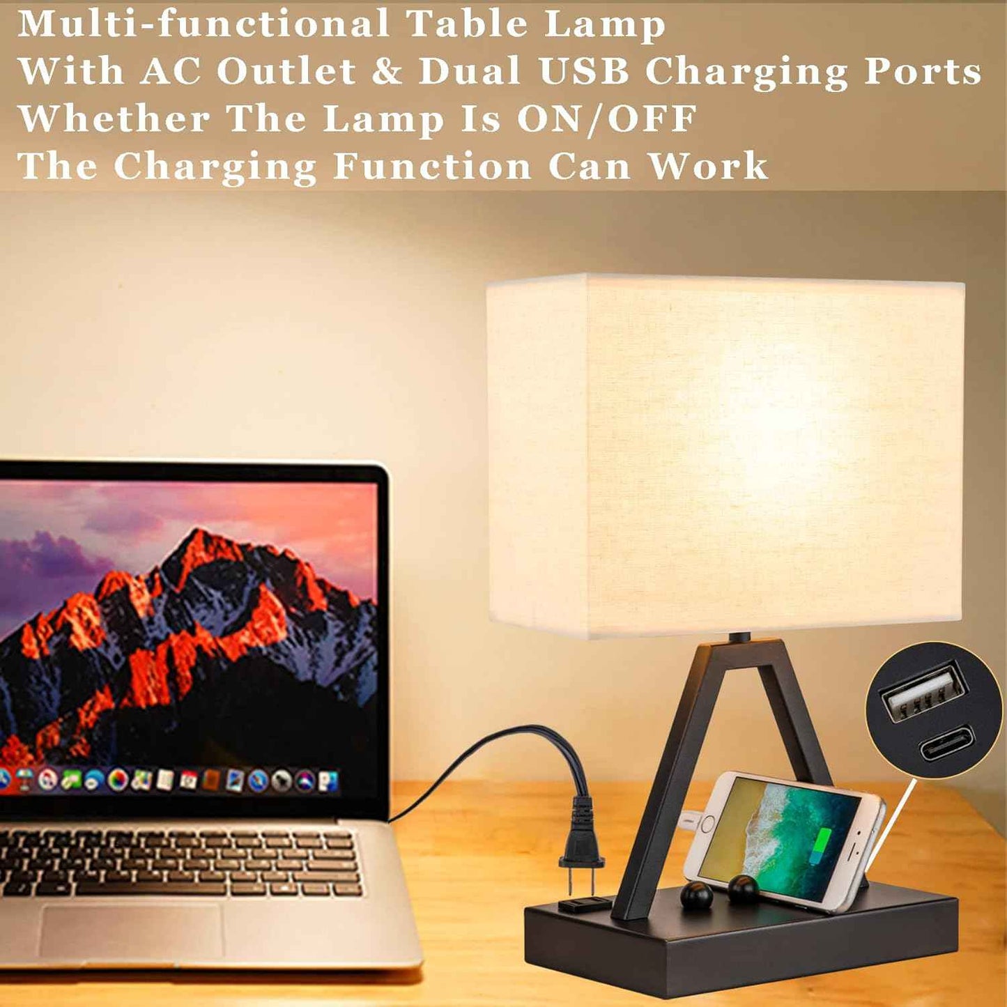 Briever 3-Way Dimmable Bedside Lamp – Thoughtful Housewarming Gift for Women and Men, Nightstand Lamp with USB C Port and AC Outlet
