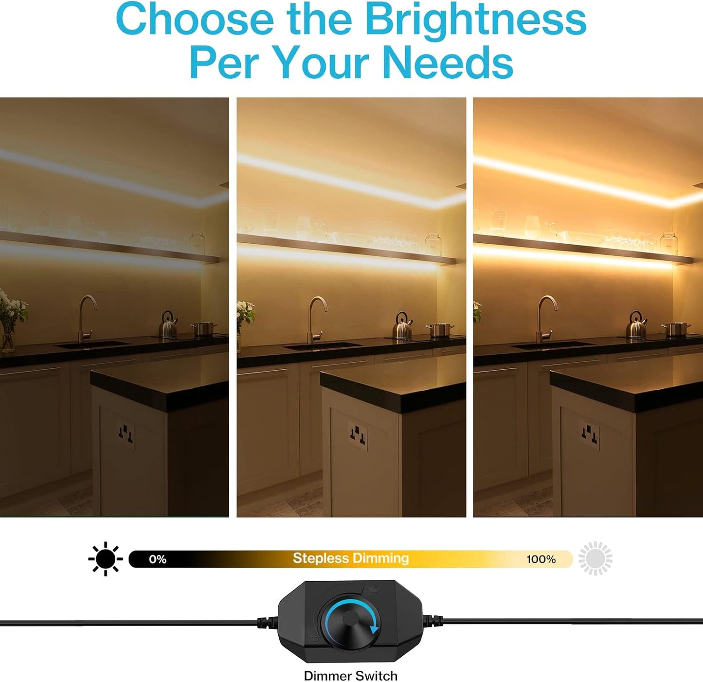 included in-line dimmer switch for adjustable brightness