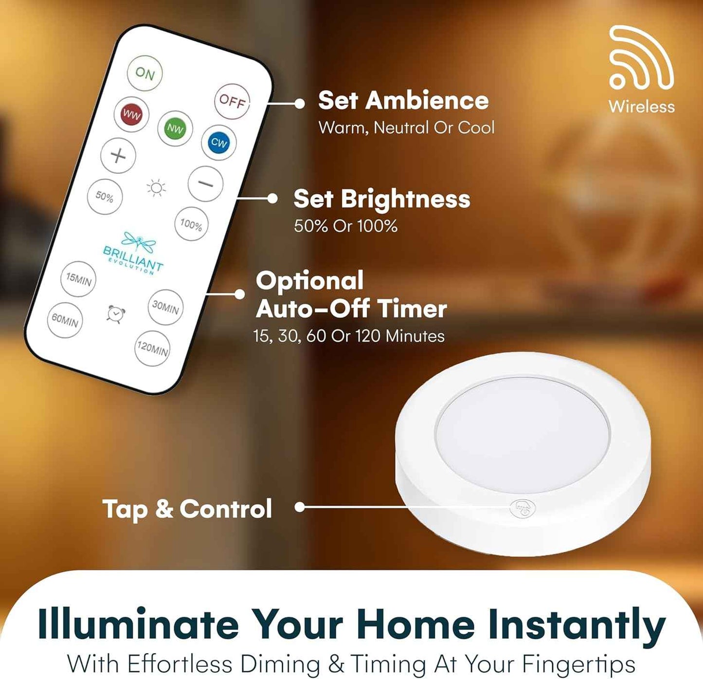 Brilliant Evolution Wireless LED Puck Light 3 Pack – Home Office Desk Task Light with Dimmable Remote Focus
