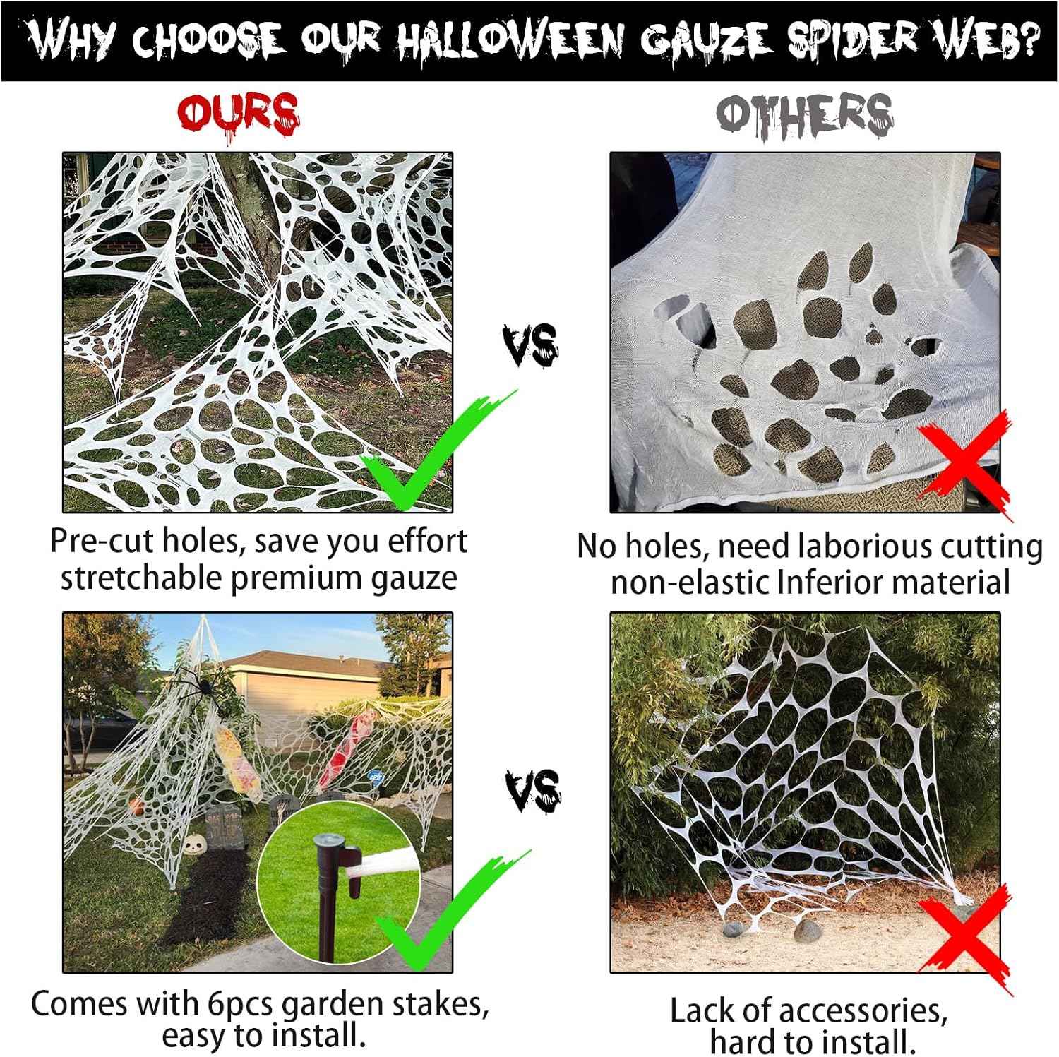 Heavy Duty Spider Web Halloween Decoration – Weatherproof Yard and Porch Spiderwebs with Ground Stakes