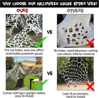 Heavy Duty Spider Web Halloween Decoration – Weatherproof Yard and Porch Spiderwebs with Ground Stakes