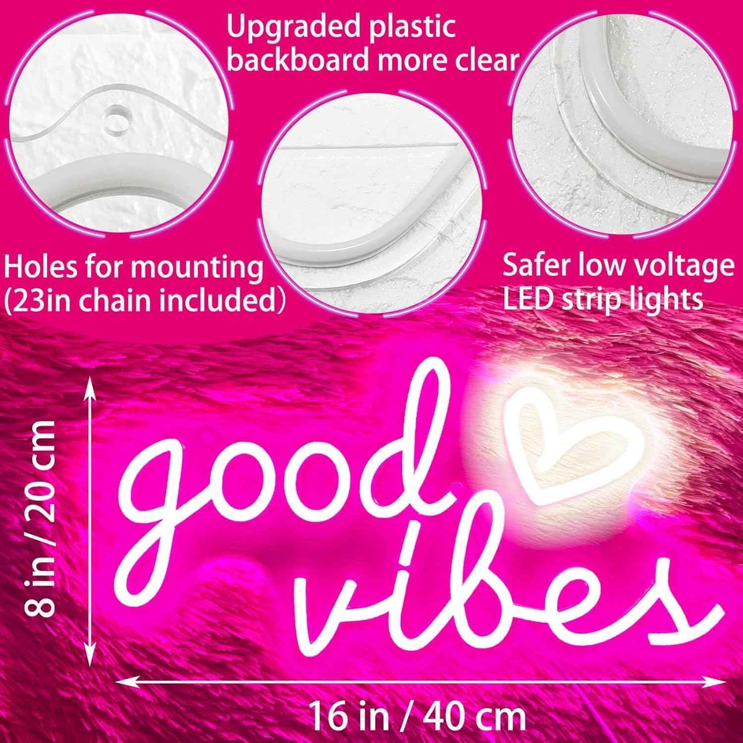 Good Vibes Neon Sign – Safe LED Wall Light for Girls Bedroom, Cool-to-Touch Heart Sign for Playroom
