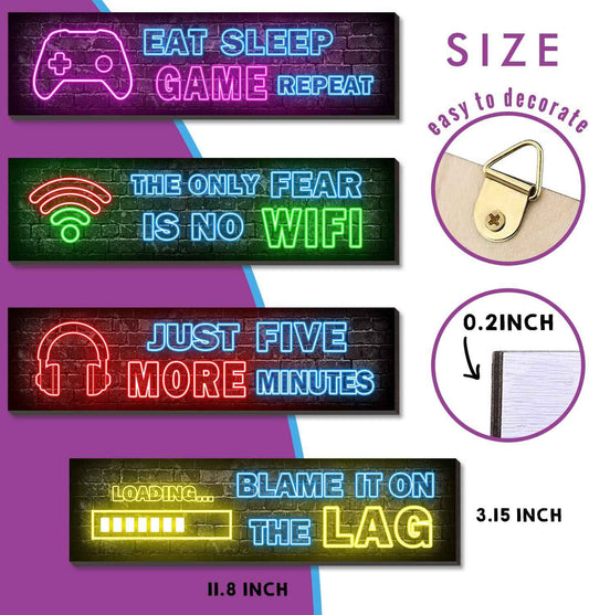 4 Pcs Printed Neon Gaming Posters – Neon Gamer Aesthetic for Bedroom Walls, Wooden Wall Art Set of 4