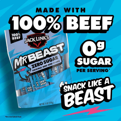 Jack Link's x MrBeast Zero Sugar Mini Beef Sticks – Low-Sugar Gym Bag Protein for Macro Trackers, 12 Pack