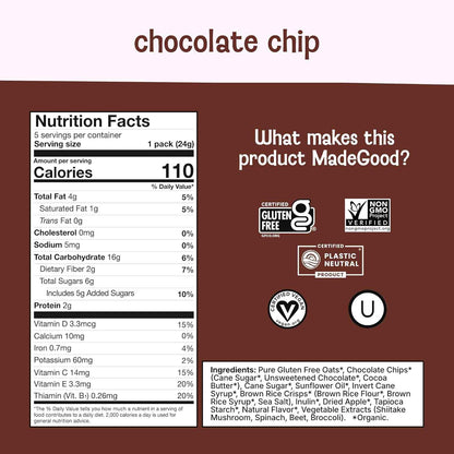 MadeGood Chocolate Chip Granola Bites – Nut-Free Facility Snack for Severe Allergy Households, Cross-Contamination Safe