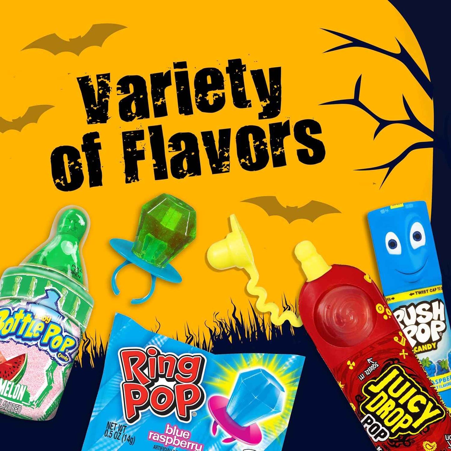 Bazooka Candy Companies Halloween Candy Assortment – Safe Individually Wrapped Ring Pop, Push Pop, and Baby Bottle Pop for Playroom and Goody Bag Station