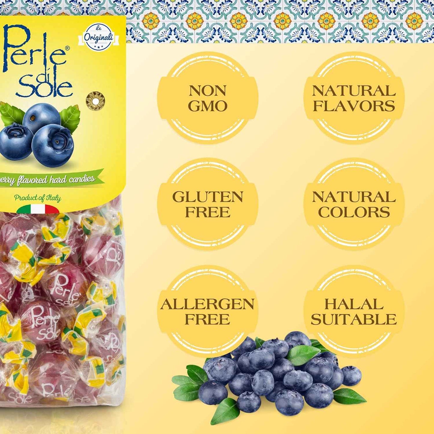 Perle di Sole Italian Candy - Blueberry Hard Candy with Natural Flavor - Clean-Label Snack for Lunchbox and Mindful Pantry