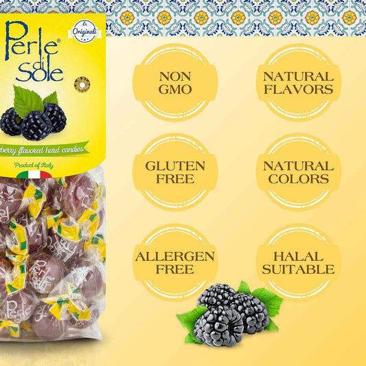 Perle di Sole Blackberry Italian Hard Candy Individually Wrapped – Kid-Friendly Lunchbox Treat, Single-Serve Portion-Controlled Candy