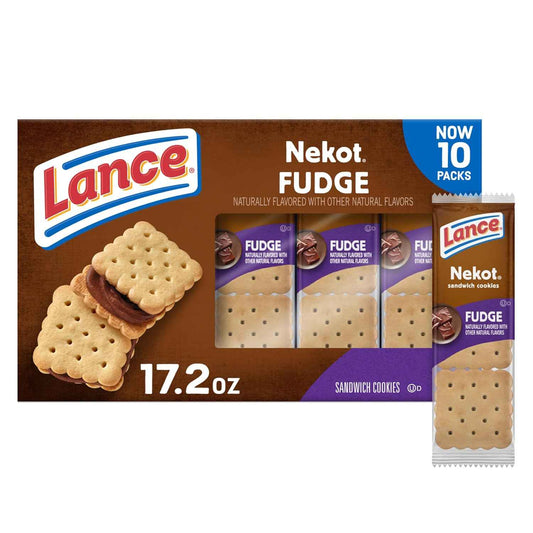 Lance Sandwich Cookies, Nekot Fudge, 10 Individually Wrapped Packs for School Lunches and After-School Snacks