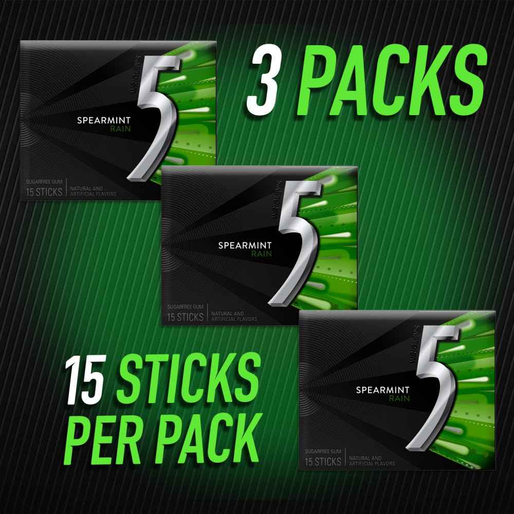 5 Gum Spearmint Rain Sugar Free Chewing Gum 45 Count, Fun Stocking Stuffer and Care Package Gift for Teens and College Students
