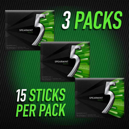 5 Gum Spearmint Rain Sugar Free Chewing Gum 45 Count, Fun Stocking Stuffer and Care Package Gift for Teens and College Students