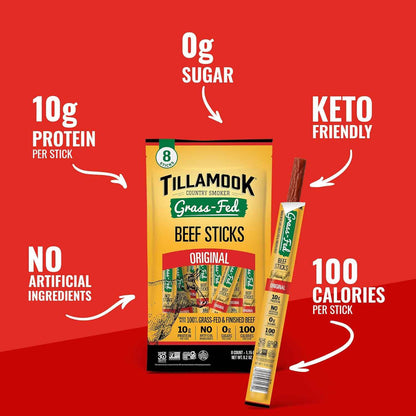 Tillamook Country Smoker Grass Fed Beef Sticks – Office Desk Protein to Power Through Afternoon Work, Zero Sugar
