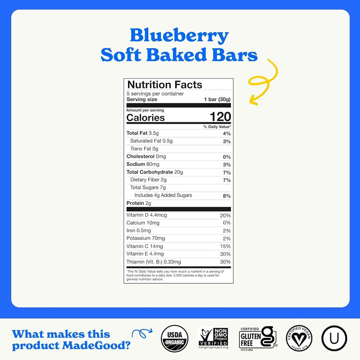 MadeGood Morning Blueberry Bars – Allergy-Safe Lunchbox Snack for School, Top 8 Allergen Free
