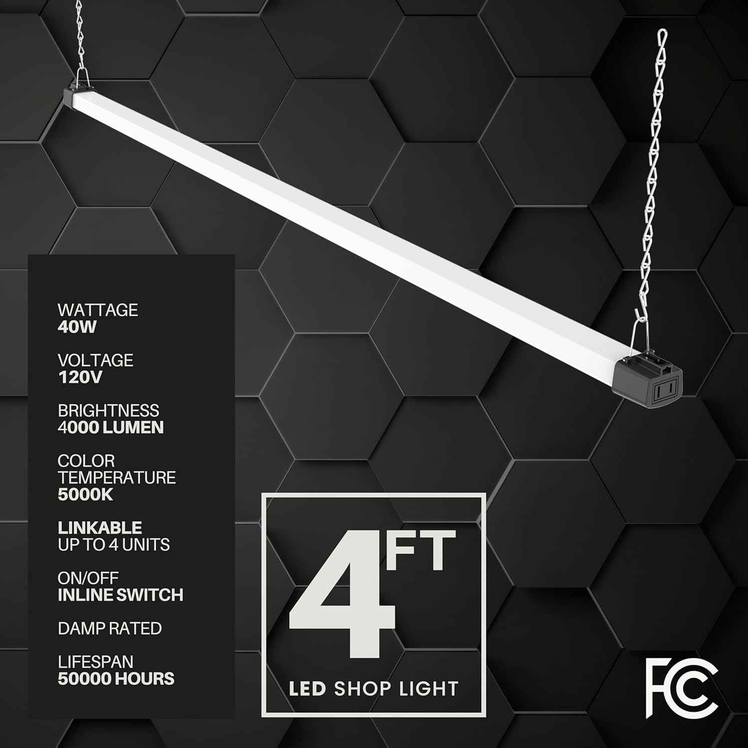 Quarterback 4FT LED Shop Light 40W FCC Certified Driver for Garage and Utility Room Task Lighting