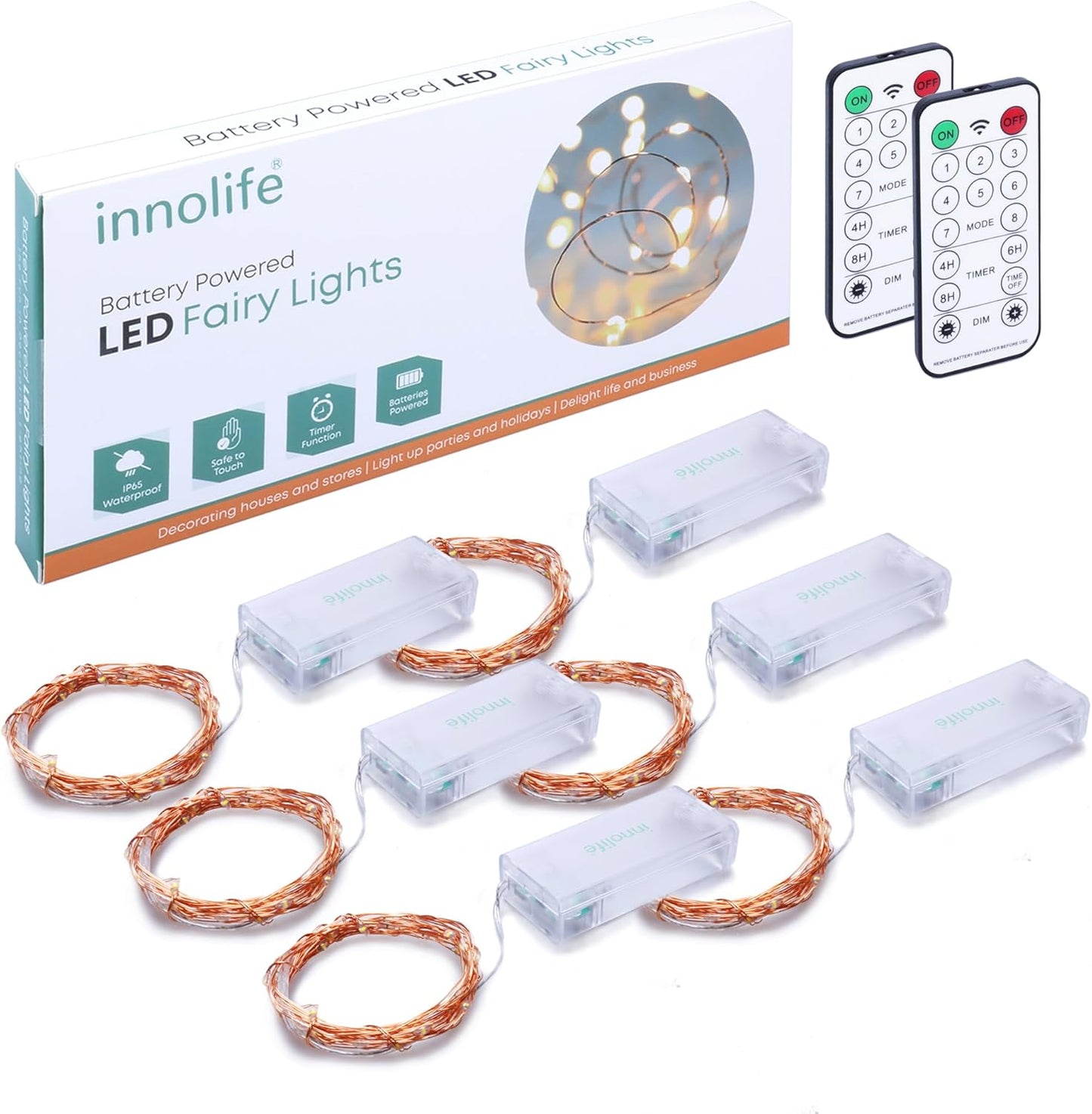 innolife LED Fairy String Lights 6 Pack – IP65 Waterproof Patio Lights with Remote Timer and 8 Modes