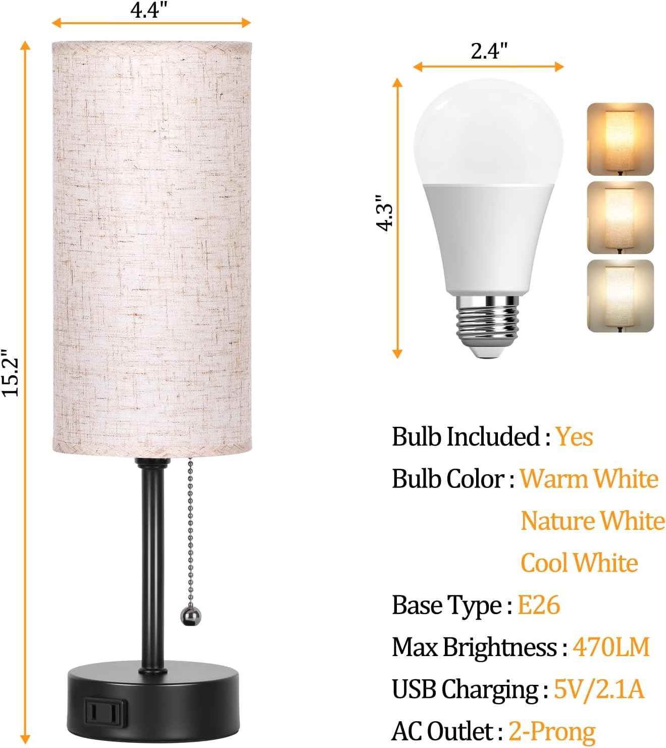 Focus Desk Lamp for Home Office, 3 Color Temperature Task Light with Pull Chain and AC Outlet for Chargers