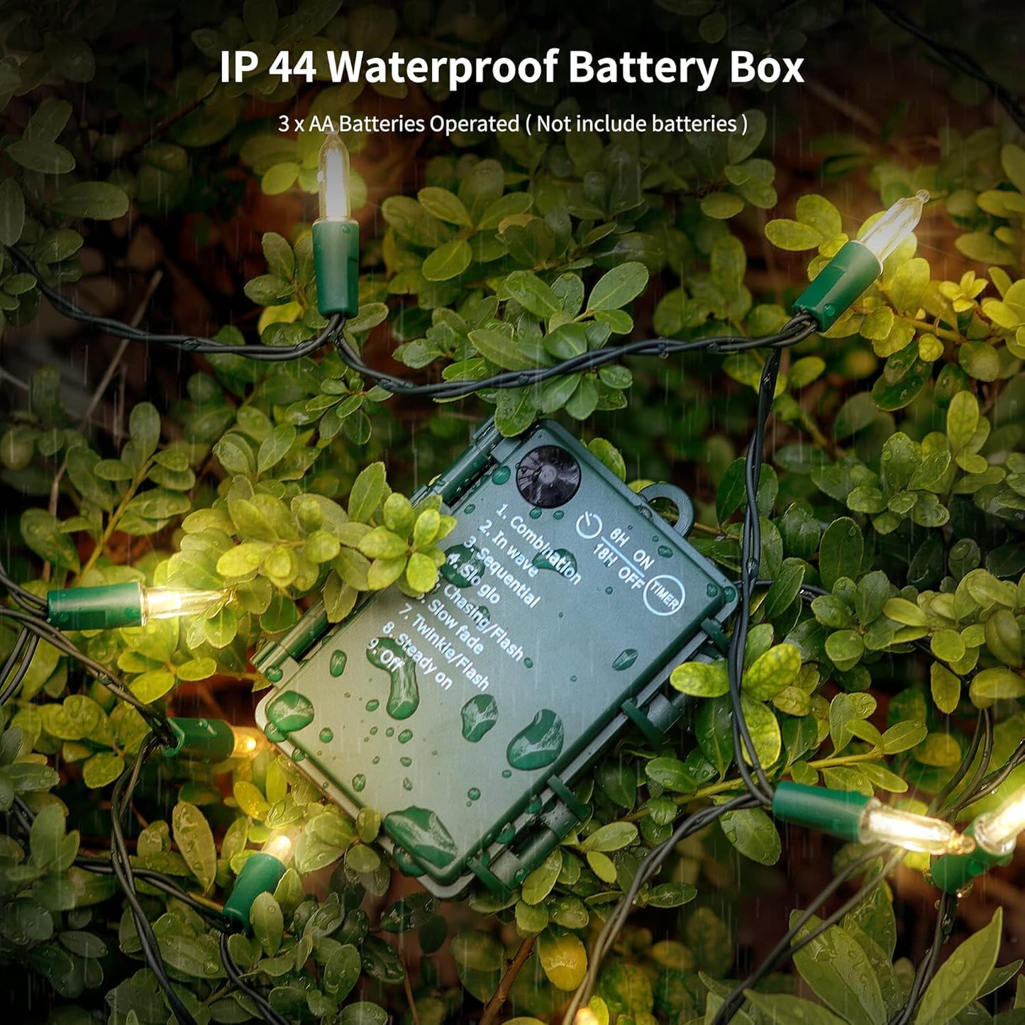ip44-rated waterproof battery case and string suitable for outdoor conditions
