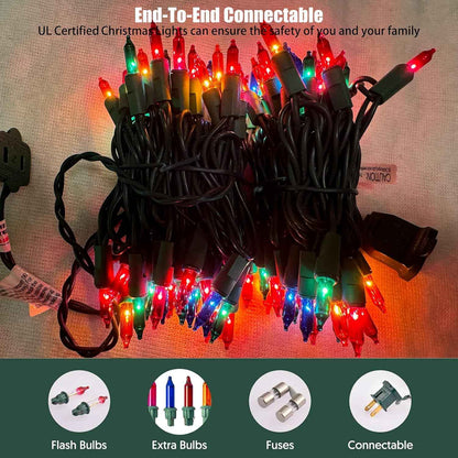 HISHINY UL Certified Safe Christmas Lights, 100 Count Multicolor Green Wire 21 ft, Flameless Indoor and Outdoor Holiday Lighting