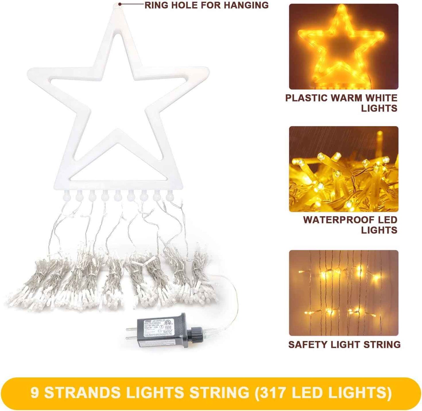 DANLI Star String Lights — 320 LED Hanging Star Fairy Light for Window Frame and Indoor Holiday Aesthetic, Timer & Remote