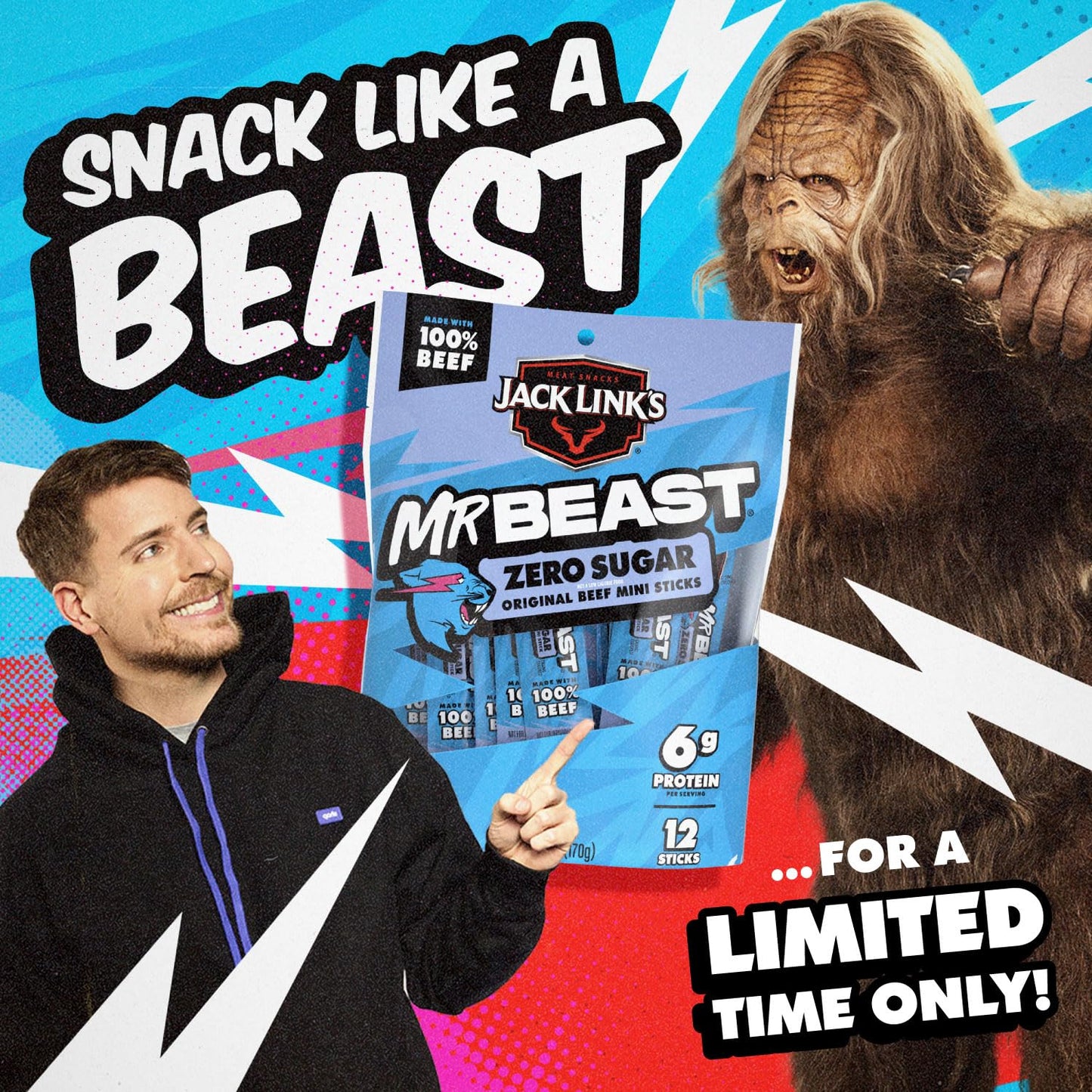 Jack Link's x MrBeast Zero Sugar Mini Beef Sticks – Low-Sugar Gym Bag Protein for Macro Trackers, 12 Pack