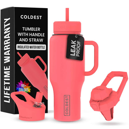 Coldest Tumbler with Handle and Straw – Heavy Duty Insulated Cup with Lid and Straw for Hiking, Bonfires, and Poolside Lounging
