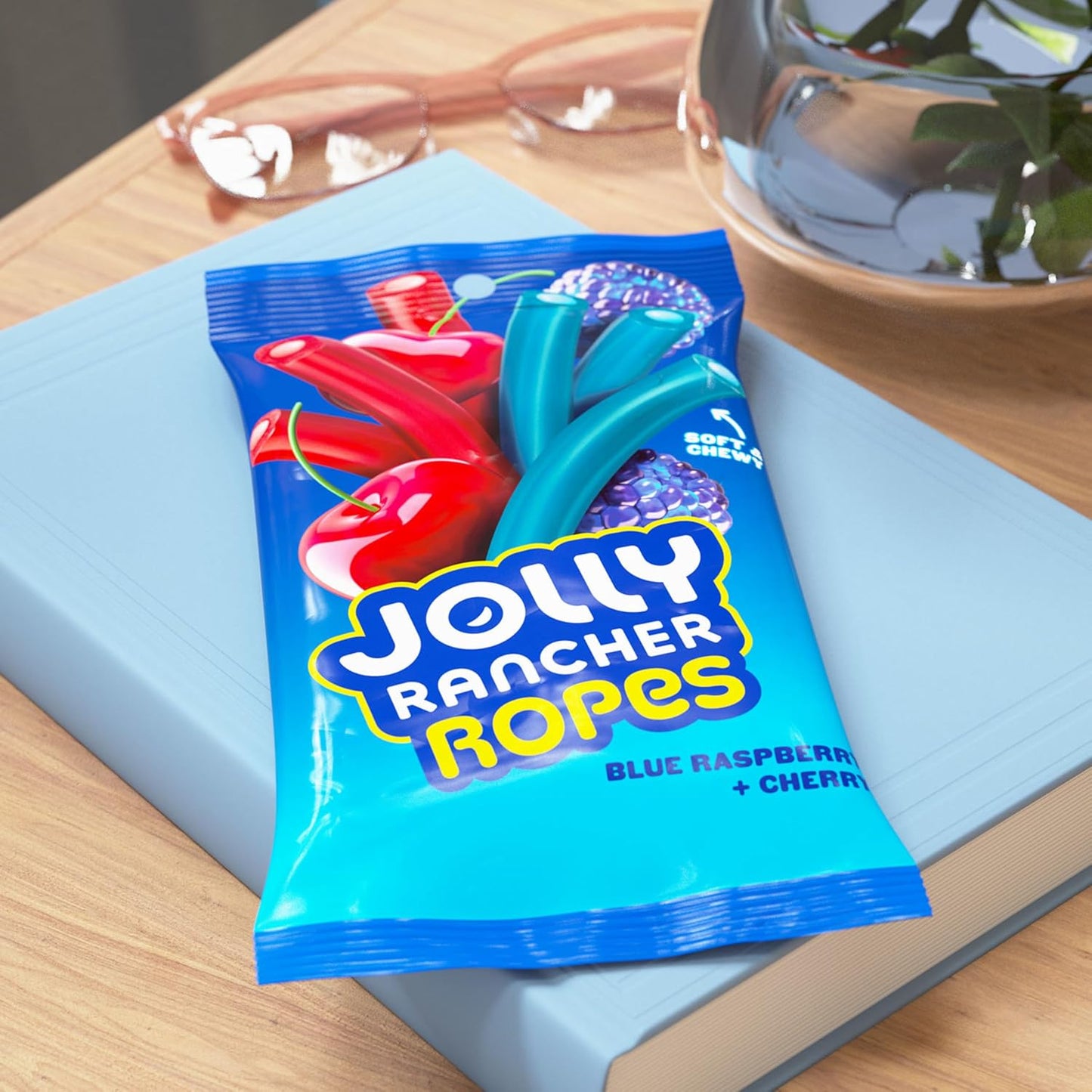JOLLY RANCHER Ropes Blue Raspberry and Cherry Flavored Candy for Picnics and Camping, 6 oz Portable Chewy Bag