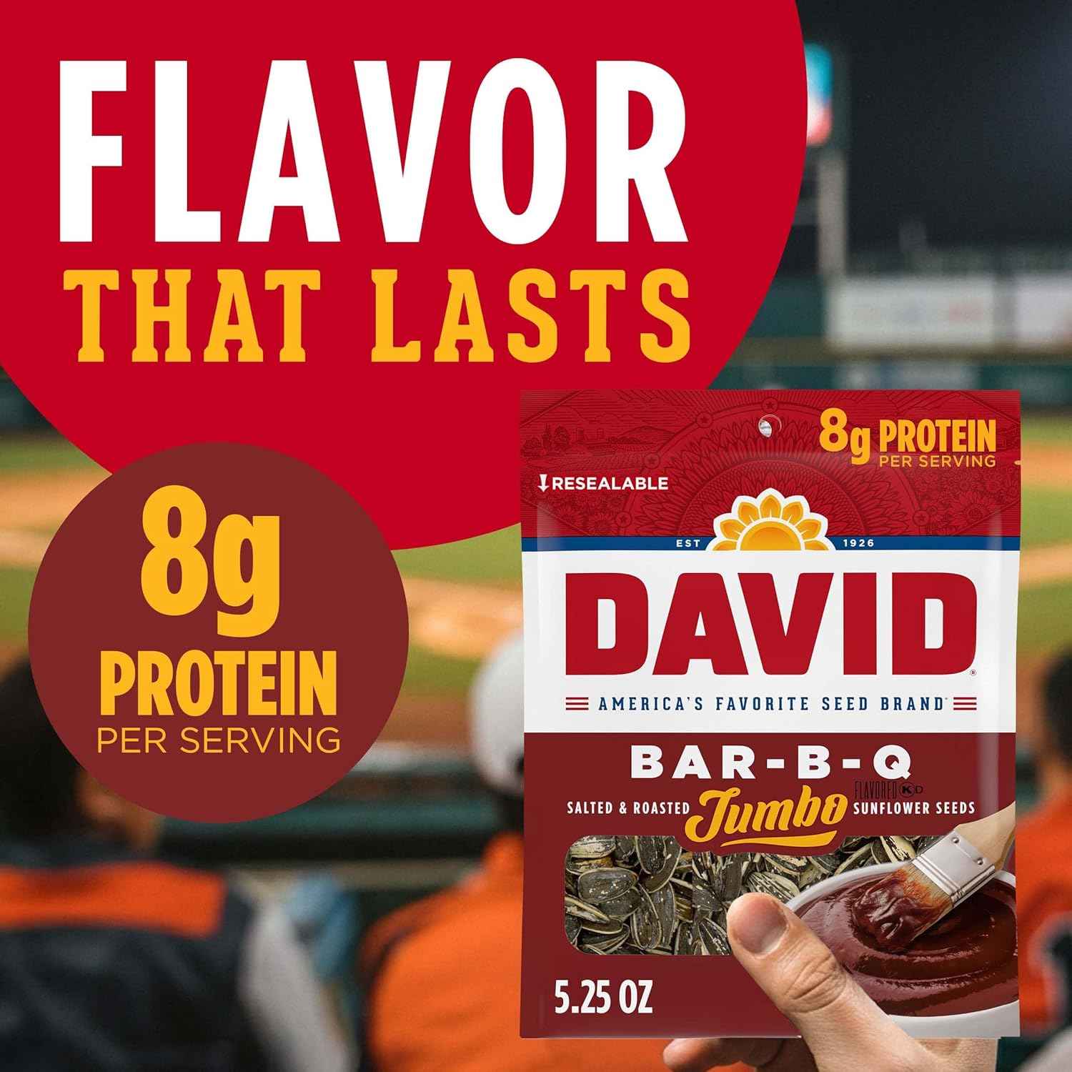 DAVID Jumbo Sunflower Seeds, Bar-B-Q Flavor, 5.25 oz – Stadium Seat Snack for Sports Games and Road Trips