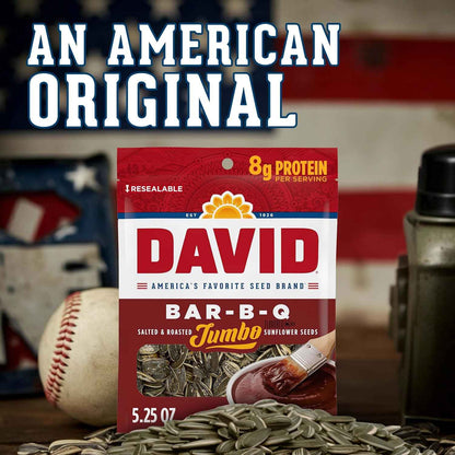 DAVID Jumbo Sunflower Seeds, Bar-B-Q Flavor, 5.25 oz – Stadium Seat Snack for Sports Games and Road Trips