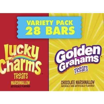 Golden Grahams Lucky Charms Breakfast Cereal Treat Bars – School Lunchbox Snack Pack for Kids, 28 Individually Wrapped Bars