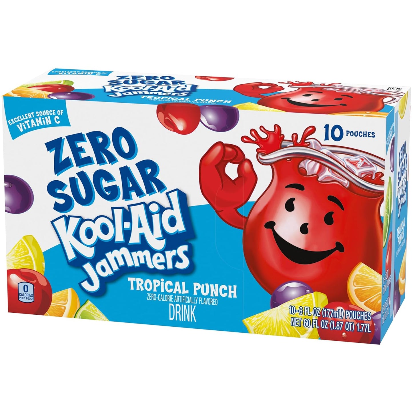 Kool-Aid Jammers Tropical Punch Zero Sugar Pouches, 10 ct Box, Lunchbox Drink for School-Age Kids